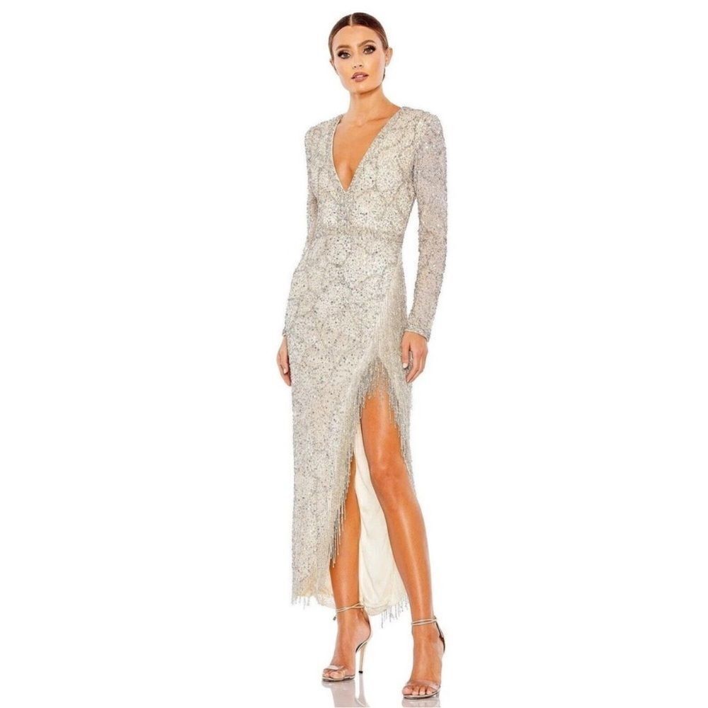 Mac Duggal 5741 Fringe Slit Plunging Neck Dress